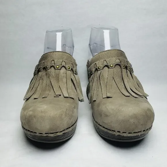 Dansko Deni Taupe Leather Fringe Studded 3” Heel Mule Clog Womens Size 38 US 8 - Picture 4 of 11
